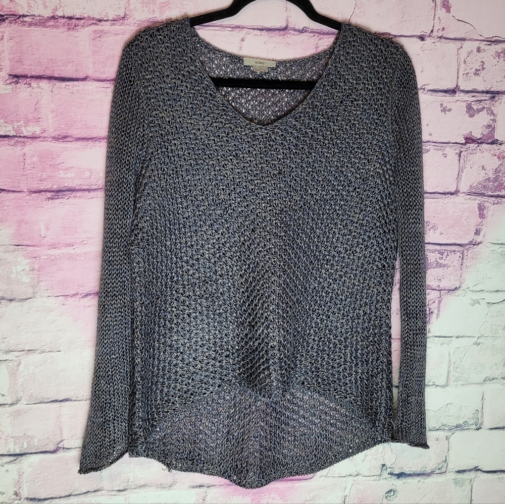 HELMUT LANG 100% LINEN KNIT MARLED NAVY TAN HI LOW V NECK TUNIC SWEATER SMALL
